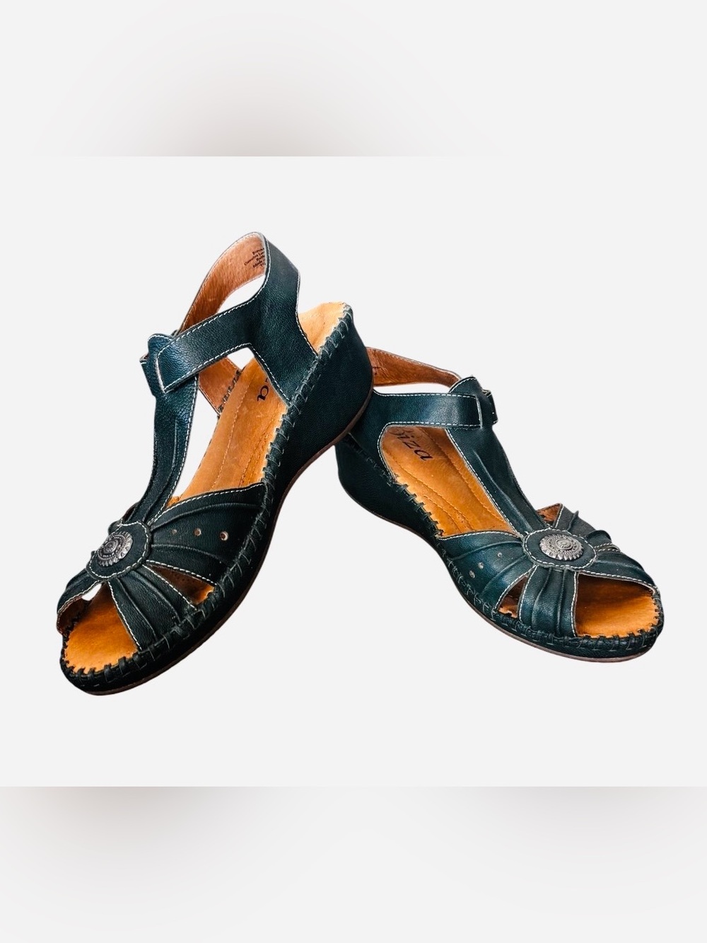Biza Leather Sz 40/US 9 slingback wedge 2” Boho whipstitch green western